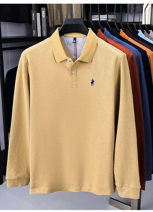 Polo à manches longues de marque haut de gamme 100 % coton, nouveau t-shirt décontracté à revers pour homme d'affaires, confort de luxe avec broderie Paul poney