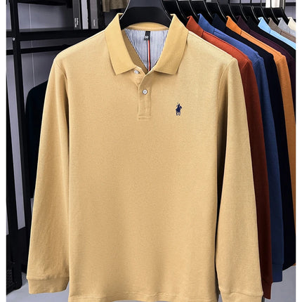 High-end branded long-sleeved polo shirt, 100% cotton, new business men's leisure lapel t-shirt, luxury comfort with Paul pony embroidery