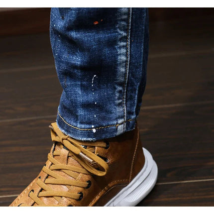 Fashion Designer Men Jeans Retro Blue Stretch Slim Fit Painted Ripped Jeans Men Korean Style Vintage Casual Denim Pants Hombre PlatiNum