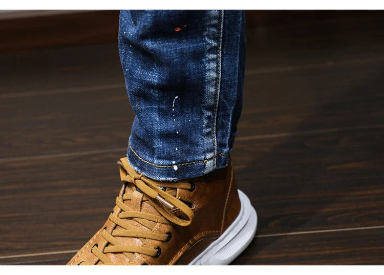 Fashion Designer Men Jeans Retro Blue Stretch Slim Fit Painted Ripped Jeans Men Korean Style Vintage Casual Denim Pants Hombre PlatiNum