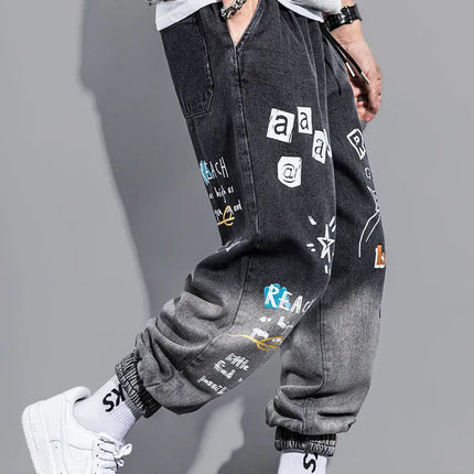 Men's Distressed Denim Pants Cuffed, Artistic Gradient Harem Jeans, Oversized Hip Hop Trousers for Spring Fall Versatile Outfits PlatiNum