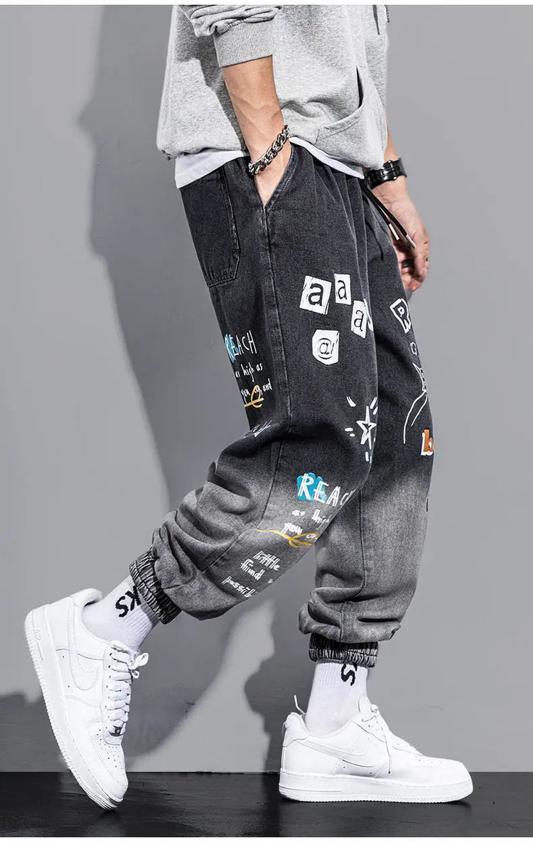 Men's Distressed Denim Pants Cuffed, Artistic Gradient Harem Jeans, Oversized Hip Hop Trousers for Spring Fall Versatile Outfits PlatiNum