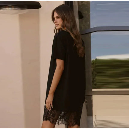 T-Shirt Dress with Lace and Asymmetrical Hem, Short Sleeves, Crew Neck, Casual and Comfortable Mini Dress, Summer Fashion 2026 Streetwear