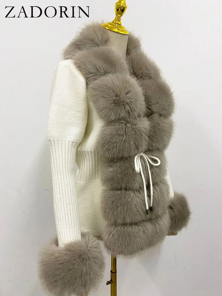 ZADORIN 2026 Chic Fur Cardigan Knitted Sweater Luxury Detachable Faux Fur White Pink Black Sweaters Cardigans Woman Tops Clothes