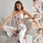 Set lounge con pannello in rete trasparente: top sexy a maniche corte e pantaloni palazzo |   Indumenti da notte con stampa floreale