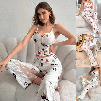 Set lounge con pannello in rete trasparente: top sexy a maniche corte e pantaloni palazzo |   Indumenti da notte con stampa floreale