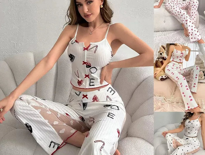 Set lounge con pannello in rete trasparente: top sexy a maniche corte e pantaloni palazzo |   Indumenti da notte con stampa floreale