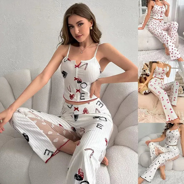 Conjunto lounge con panel de malla transparente: top sexy de manga corta y pantalones palazzo | Pijama con estampado floral