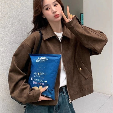 Retro Style Women's Short Suede Jacket Coffee Color Korean Style Autumn Coat Zipper Pocket Polyester Fiber Windproof