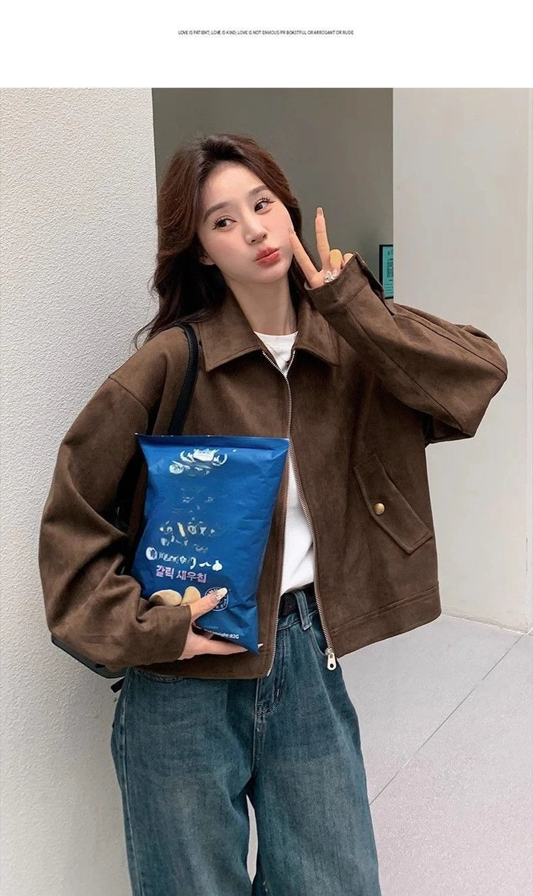 Retro Style Women's Short Suede Jacket Coffee Color Korean Style Autumn Coat Zipper Pocket Polyester Fiber Windproof