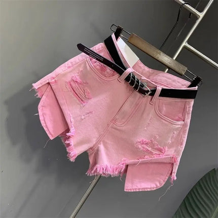 New style ripped denim shorts with frayed washed pockets and wide legs