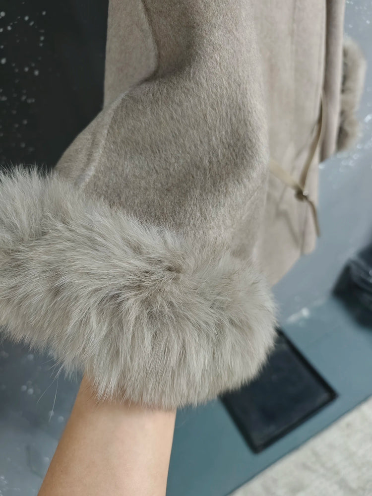 UCXQ Korean Style Two Sided Cloak Overcoat For Women Fur Collars Belt Loose Long Coats 2025 Winter New 23Z2284