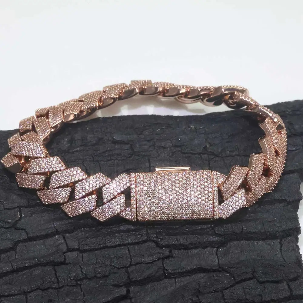 Bracciale cubano placcato oro rosa da donna da 15 mm Collana da uomo Miami in ottone con zirconi cubici brillanti hip-hop congelati
