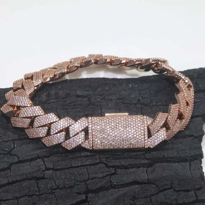 Bracciale cubano placcato oro rosa da donna da 15 mm Collana da uomo Miami in ottone con zirconi cubici brillanti hip-hop congelati