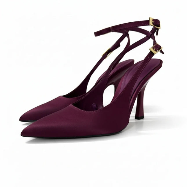 Women's Sexy Party Evening Heels Elegant Ankle Strap Pumps Burgundy Satin High Heel Pumps Classic Pointed Toe Ankle Strap