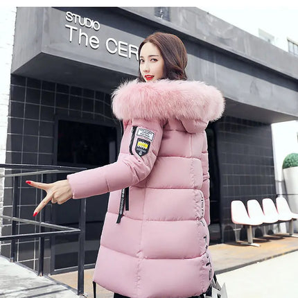 Women Winter Fur Collar Hooded Parka Coats Fashion Letter Patch Zipper Long Jacket Elegant Slim Warm Thick Female Snow Outerwear