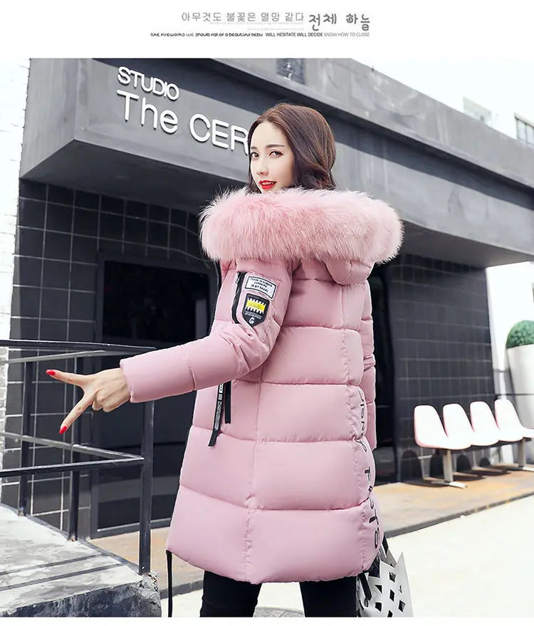Women Winter Fur Collar Hooded Parka Coats Fashion Letter Patch Zipper Long Jacket Elegant Slim Warm Thick Female Snow Outerwear