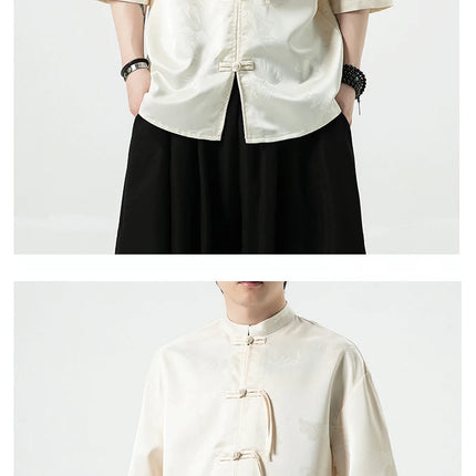Camicia cinese da uomo con foglie di bambù floreali scuri Seta di ghiaccio Estate Confortevole e traspirante Stile retrò Camicie larghe alla moda da uomo Top