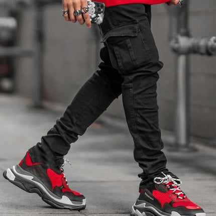 Street Elastic Jeans Men Denim Cargo Pants Wash Solid Color Multi Pockets Casual Mid Waist Trousers Slim Fit Daily Wear Joggers PlatiNum