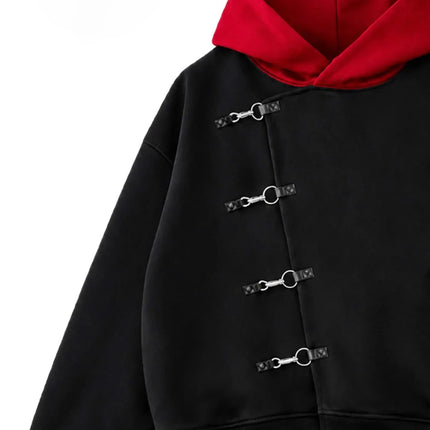 Y2K Red Itadori Hoodie Oversized Black Red Spliced Metal Button Casual Sweatshirt Trendy and Simple Men Women Streetwear Jacket