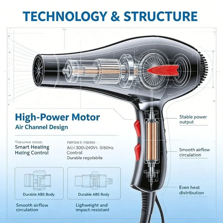 WETECH W1111 Professional Hair Dryer 3000W High Power Blow Dryer Adjustable Temperature & Wind Speed With 2Pcs Concentrator Nozzles AC100-240V Universal Voltage Salon Home Hair Styling Tool