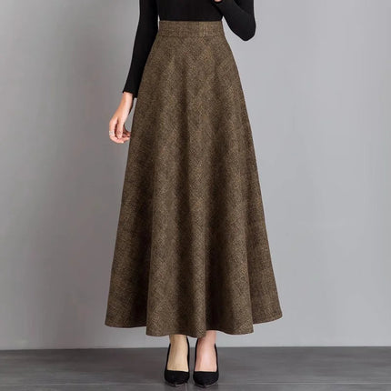 New Women Thick Woolen Skirt Autumn Winter Fashion Elastic High Waist A-Line Long Plaid Skirt Elegant Easy Match Wool Skirt PlatiNum