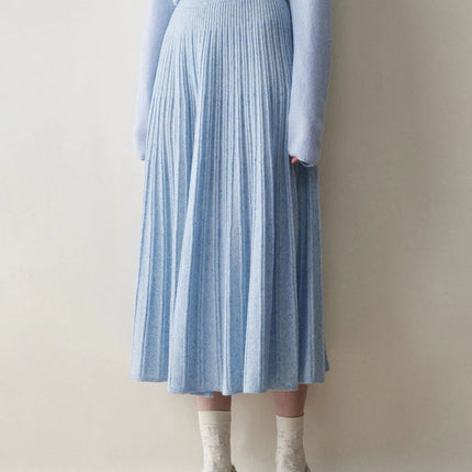 Chic Women's Cashmere Pleated A-line Skirt Autumn Winter 100% Cashmere Knitted Colorful Dots Decoration Elastic Waist Soft Dress PlatiNum