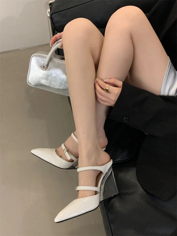 Liyke New Fashion Transparent Wedge Slippers Women Pumps Patent Leather Pointed Toe Buckle Strap Designer High Heels Mules Shoes PlatiNum