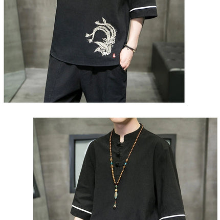 Ricamo Phoenix camicie a maniche corte uomo stile cinese cotone lino Cardigan retrò Mens tradizionale Kung Fu Tai Chi Casual Top