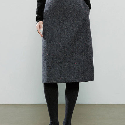 TOYOUTH Women Midi Skirts 2025 Winter NewAsymmetric Dark Gray Speckled Wool Blend Office Pencil Midi Skirt PlatiNum