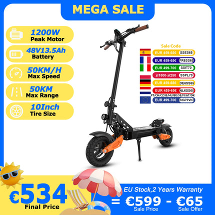 Monopattino Elettrico JUICEASE C67Lite 48V13.5Ah, Motore ad Alta Potenza 1200W, Autonomia 50KM, Velocità 50KM/H, Pneumatici Larghi da 10 Pollici, Scooter Fuoristrada per Tutti i Terreni