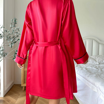 Pigiama semplice in raso con maniche lunghe, abito con cintura, scollo a V, top e pantaloncini, pigiama da donna