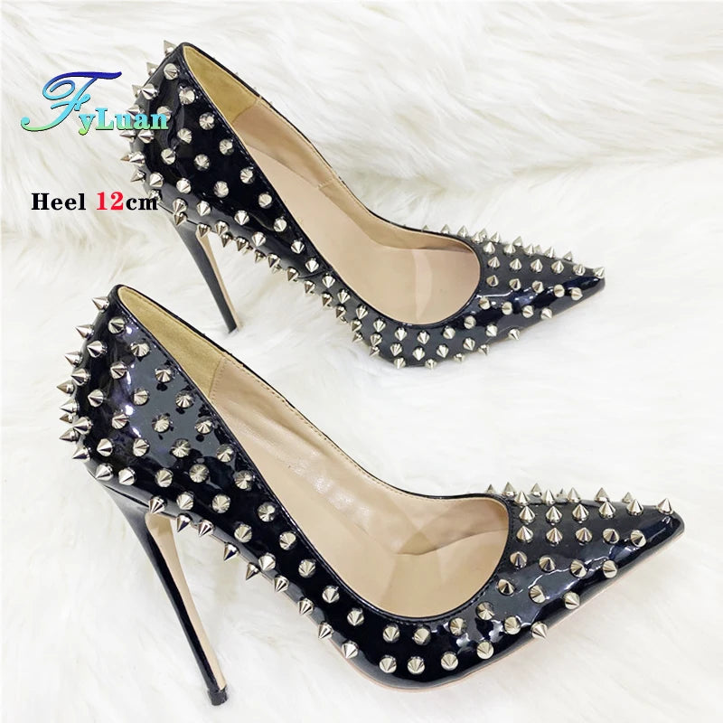 Super Thin Heel 8 10 12CM Sexy All Spikes Rivets Women Pumps Pointed Toe Super High Heels Party Nightclub Fashion Shoes Size 46
