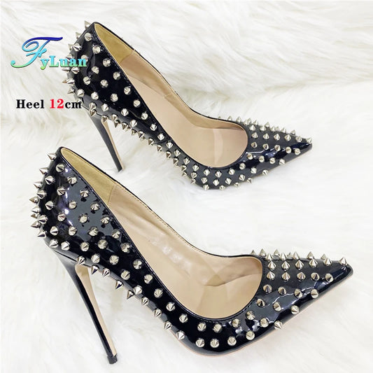 Super Thin Heel 8 10 12CM Sexy All Spikes Rivets Women Pumps Pointed Toe Super High Heels Party Nightclub Fashion Shoes Size 46