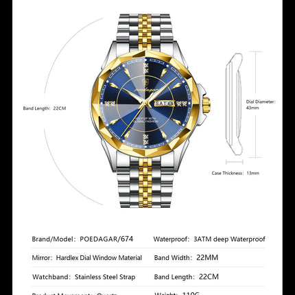 POEDAGAR Orologio da uomo di moda di lusso Top Business Impermeabile luminoso Data Settimana Orologi da uomo Orologio da polso da uomo in acciaio inossidabile al quarzo platinumshop