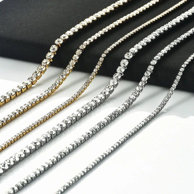 Stainless Steel Shiny Necklace For Men Women Gold Silver Color  Width 2/3/4MM Choker Necklaces With Rhinestones Jewelry Gifts PlatiNum