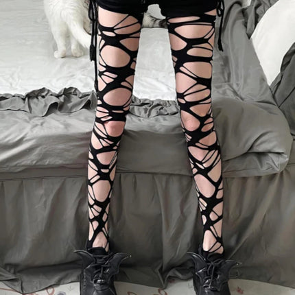 Collant a Rete Neri Irregolari da Donna, Stile Punk Goth, per Ragazze Audaci, Subcultura JK, Strappati, Moda Lolita