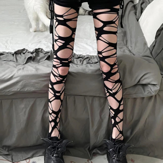 Collants résille noirs irréguliers pour femmes, style gothique punk, pour filles audacieuses, sous-culture JK, déchirés, mode lolita