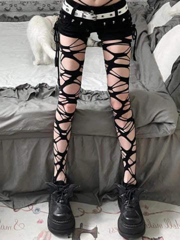 Collant a Rete Neri Irregolari da Donna, Stile Punk Goth, per Ragazze Audaci, Subcultura JK, Strappati, Moda Lolita