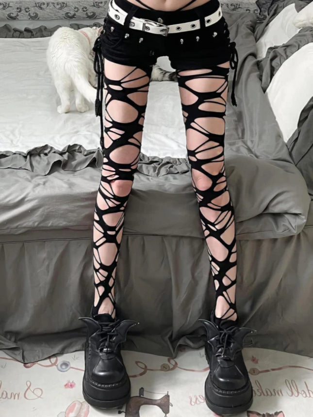 Women's Black Irregular Fishnet Tights, Punk Goth Style, for Bold Girls, JK Subculture, Ripped, Lolita Fashion