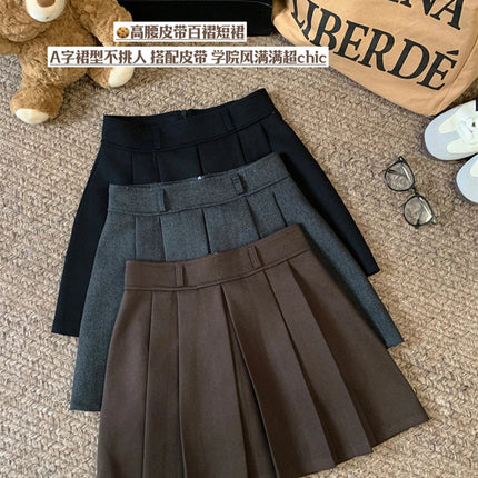 MEXZT Streetwear Woolen Mini Skirt Women Fashion Harajuku with Belt Black Pleated Skirts Fall Winter Preppy Korean A Line Faldas PlatiNum