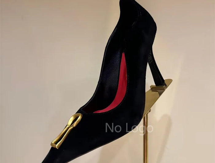 High Quality Leather Thin Heel Pumps Slip On Pointed Toe Suede Metal Shoes Women Sexy Party Sandals For Women Mujer PlatiNum