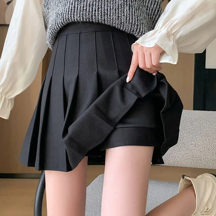Autumn Winter Woolen Pleated Skirts Women New Korean High Waist Slimming Mini Skirt Ladies Preppy Style Side Zipper A-Line Skirt PlatiNum