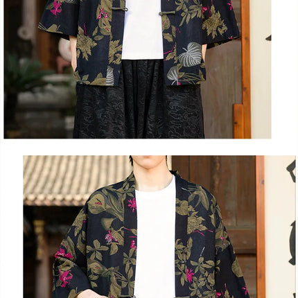 Camicie in Lino Stile Etnico con Stampa Yukata per Uomo e Donna, Abbigliamento Asiatico, Kimono Giapponese Harajuku, Camicie Retrò da Uomo