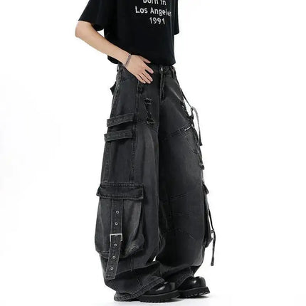 IEFB Jeans da uomo stile americano tinta unita multi tasche pantaloni casual usurati decostruzione pantaloni in denim a gamba larga 9W4066