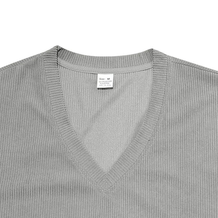 Men's European and American Summer Corduroy Solid Color Slim Casual V-Neck T-Shirt Amazon