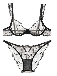 Elegant Women Flower Embroidery Mesh Lingerie Set Adjustable Straps Underwire Bra Panty Transparent Intimates