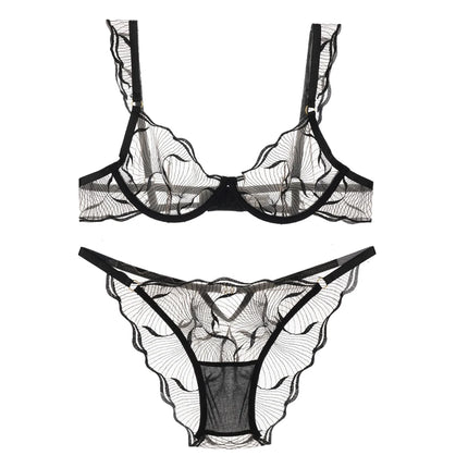 Elegant Women Flower Embroidery Mesh Lingerie Set Adjustable Straps Underwire Bra Panty Transparent Intimates