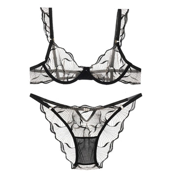 Elegant Women Flower Embroidery Mesh Lingerie Set Adjustable Straps Underwire Bra Panty Transparent Intimates