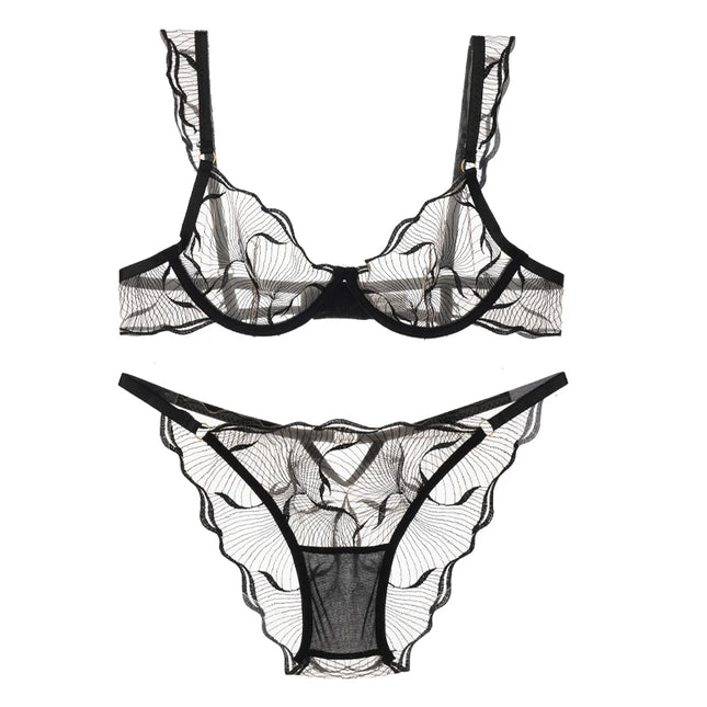 Elegant Women Flower Embroidery Mesh Lingerie Set Adjustable Straps Underwire Bra Panty Transparent Intimates